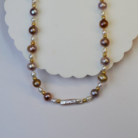 Natural Metallic Purple Pearl Necklace 19" Gold Plated - Picture 2 of 7